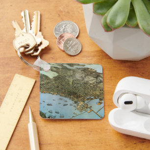 Antiek Kaart Aerial Uitzicht City of Seattle Washi Sleutelhanger