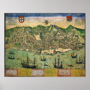 Antiek kaart, stadsplan van Lissabon, Portugal, 15 Poster
