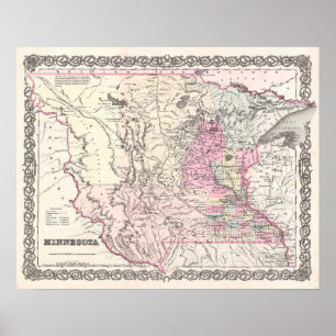 Antiek kaart van de staat Minnesota Poster