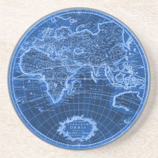 Antiek kaart van de wereld in blauw zandsteen onderzetter (Voorkant)