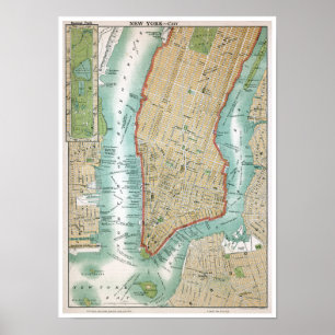 Antiek kaart van het Neder-Manhattan-park en het c Poster