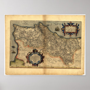 Antiek kaart van Portugal ORTELIUS ATLAS 1570 A.D. Poster
