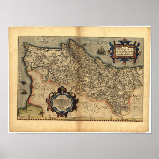 Antiek kaart van Portugal ORTELIUS ATLAS 1570 A.D. Poster