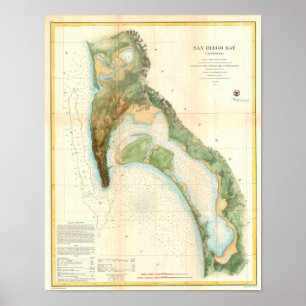 Antiek kaart van San Diego Bay Californië Poster