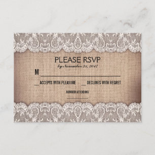 antiek kant en rustieke jute bruiloft RSVP kaarten Kaartje