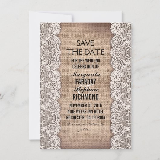 antiek kant en rustieke jute slaan de datumkaarten save the date (Voorkant)