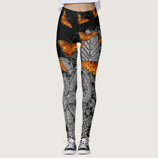 ANTIEK KANTPATROON ZWARTE LEGGINGS VLINDERS (Voorkant)
