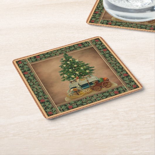 Antiek kerstbomen met groeten Vierkante Kartonnen Onderzetter (Schuin)