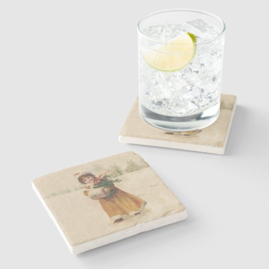 Antiek Kerstmis Meisje Winter Kind Stenen Onderzetter (Zijkant)