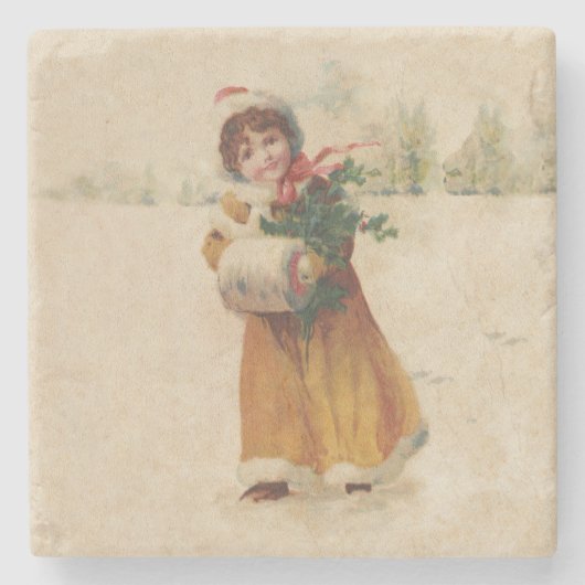 Antiek Kerstmis Meisje Winter Kind Stenen Onderzetter (Voorkant)