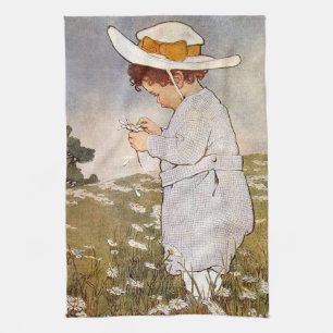 Antiek Kind plukken Daisies Flowers Theedoek