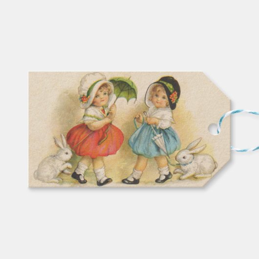 Antiek Kinderen Konijn Paaskunst Cadeaulabel (Voorkant (Horizontaal))