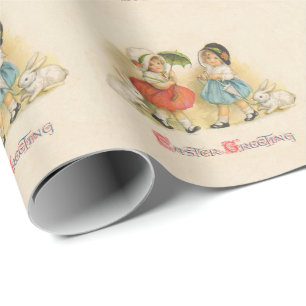 Antiek Kinderen Konijn Paaskunst Cadeaupapier