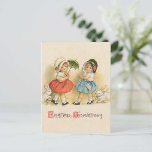 Antiek Kinderen Konijn Paaskunst Feestdagenkaart (Staand voorkant)