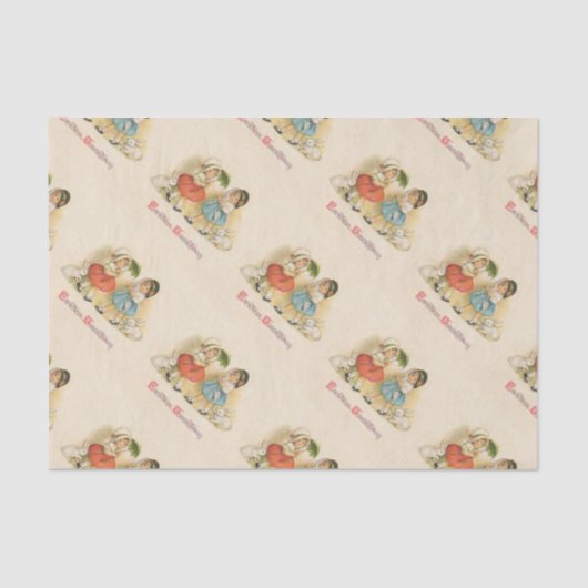 Antiek Kinderen Konijn Paaskunst Tissuepapier (Voorkant)