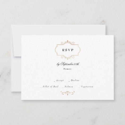 antiek klassiek goud zwart wit monogram bruiloft RSVP kaartje (Voorkant)