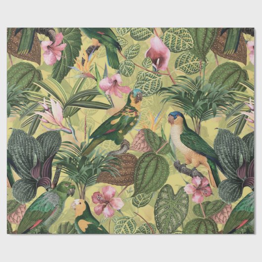 Antiek kleurrijk parrots Tropisch Oerwoud Patroon Cadeaupapier (Vlak)