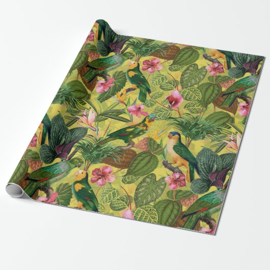 Antiek kleurrijk parrots Tropisch Oerwoud Patroon  Cadeaupapier (Uitgerold)
