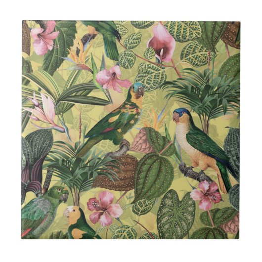 Antiek kleurrijk parrots Tropisch Oerwoud Patroon Tegeltje (Voorkant)