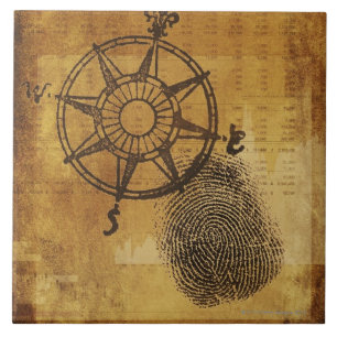 Antiek kompas roos met vingerafdruk tegeltje