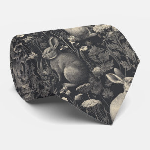 Antiek konijn toile zwart botanisch patroon stropdas