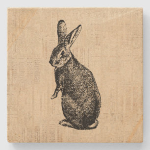 Antiek konijnenillustratie Bunny Art met script Stenen Onderzetter