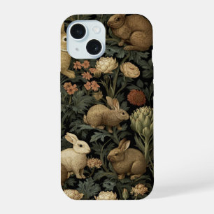 Antiek konijnpatroon in boslandschap donkere botan iPhone 15 hoesje