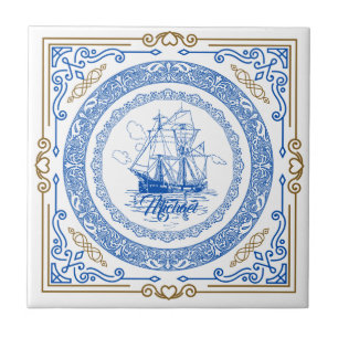 antiek koninklijk blauw schip decoratief aan de g tegeltje