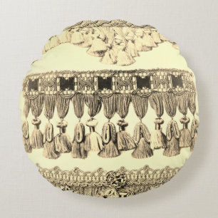Antiek kwastje kant tribal patroon crème zwart rond kussen