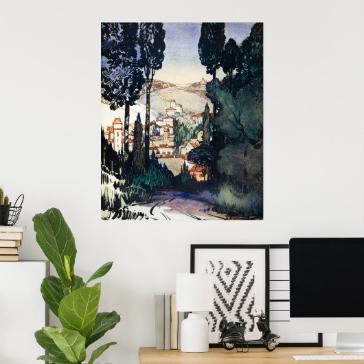  Antiek landschap Waterverf Fiesole Italië Poster (Thuiskantoor)