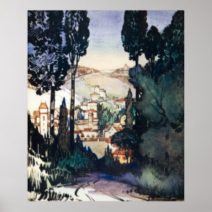 Antiek landschap Waterverf Fiesole Italië Poster