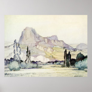  Antiek landschap Waterverf Le Puy Frankrijk Poster