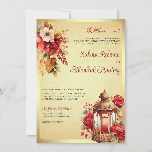 Antiek lantaarn rood bloemig moslim bruiloft kaart (Voorkant)
