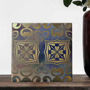 Antiek  legant koper en blauw mozaïek tegeltje