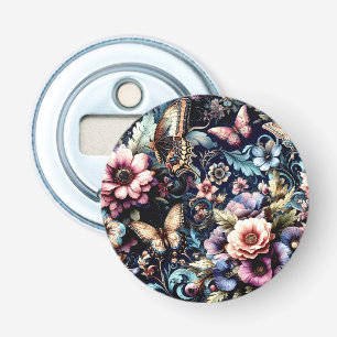 Antiek lentebloemen en vlinders button flesopener
