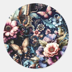 Antiek lentebloemen en vlinders ronde sticker
