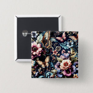 Antiek lentebloemen en vlinders vierkante button 5,1 cm