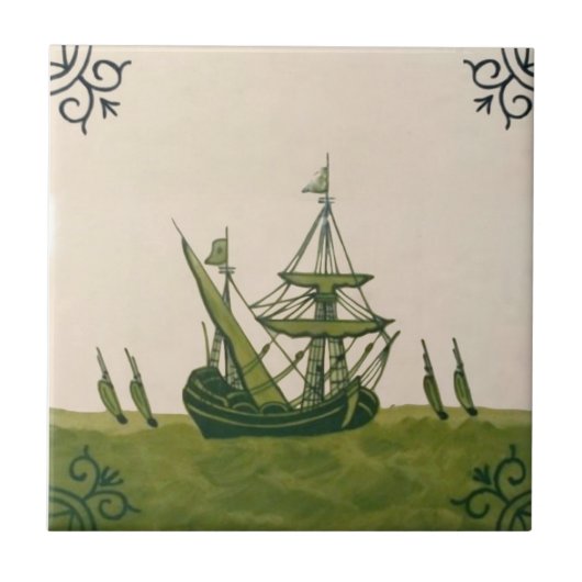 Antiek Minton Hollins Delft Boat Tile #4 Repro Tegeltje (Voorkant)