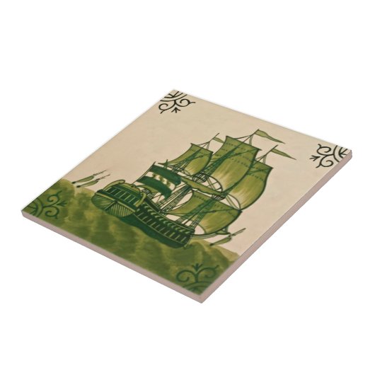 Antiek Minton Hollins Delft Ship Tile #2 Repro Tegeltje (Zijkant)