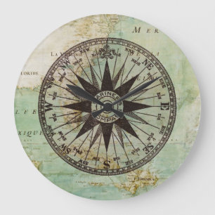 Antiek Nautical Compass & Map Clock Grote Klok