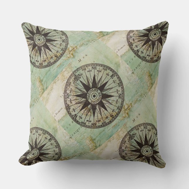 Antiek Nautical Compass & Map Pillow Kussen (Voorkant)