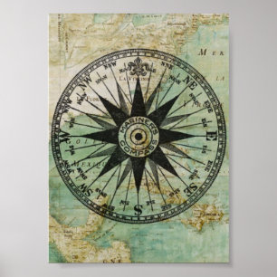 Antiek Nautical Compass & Map Poster