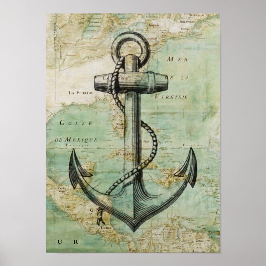 Antiek Nautical Map & Anchor Poster (Voorkant)