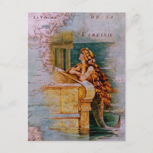 Antiek Nautical Map & Mermaid Briefkaart (Voorkant)