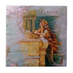 Antiek Nautical Map & Mermaid Tegeltje