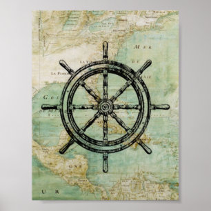 Antiek Nautical Ships Wheel & Map Poster