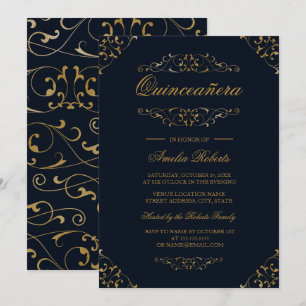 Antiek Navy Gold bloeien Quinceanera Uitnodiging