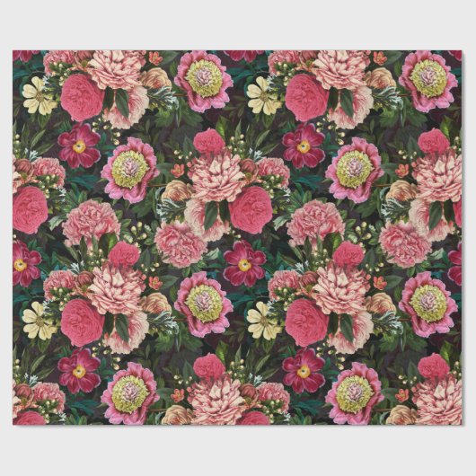 Antiek Nostalgisch Redouté Peonies Patroon zwart Cadeaupapier (Vlak)