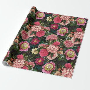 Antiek Nostalgisch Redouté Peonies Patroon zwart Cadeaupapier