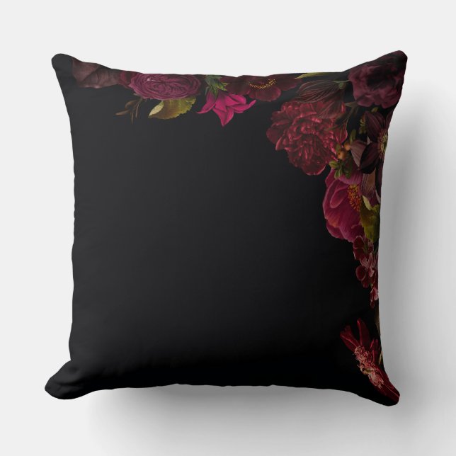 Antiek nostalgische donkere Rozen en bloemen op zw Kussen (Voorkant)